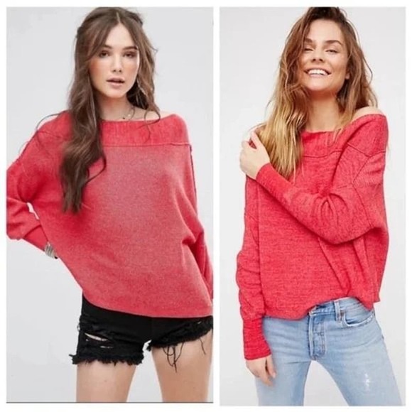 Free People Alana Pullover Linen Cotton Blend Red Knit Off The Shoulder Sweater - Picture 2 of 10